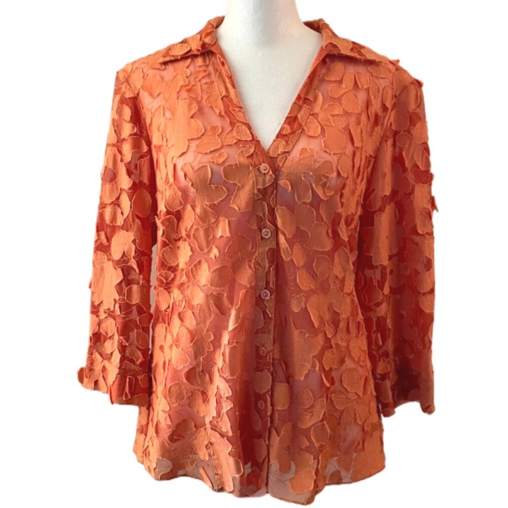 Multiples Tangerine Brocade Button Up Sheer Top 3… - image 1